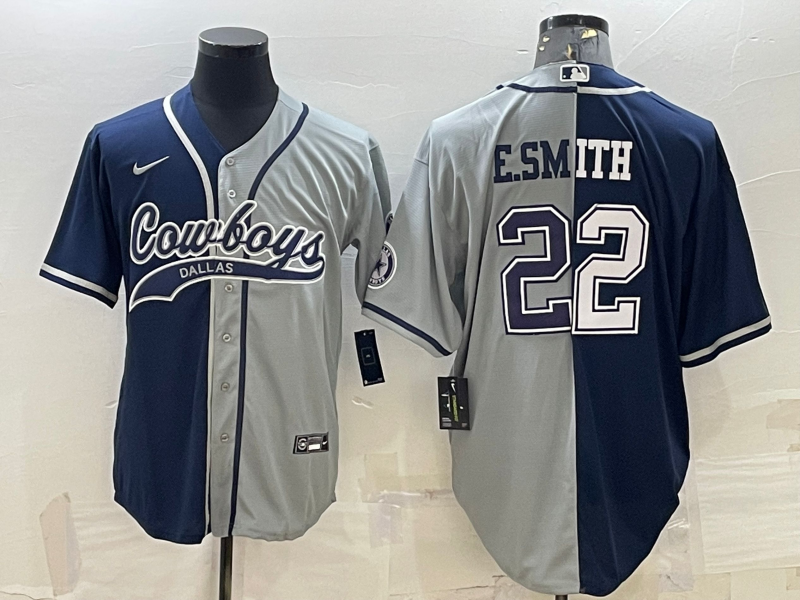 Men's Dallas Cowboys #22 Emmitt Smith Navy/Grey Split With Patch Cool Base Stitched Baseball Jersey Men's Dallas Cowboys #22 Emmitt Smith Navy/Grey Split With Patch Cool Base Stitched Baseball Jersey